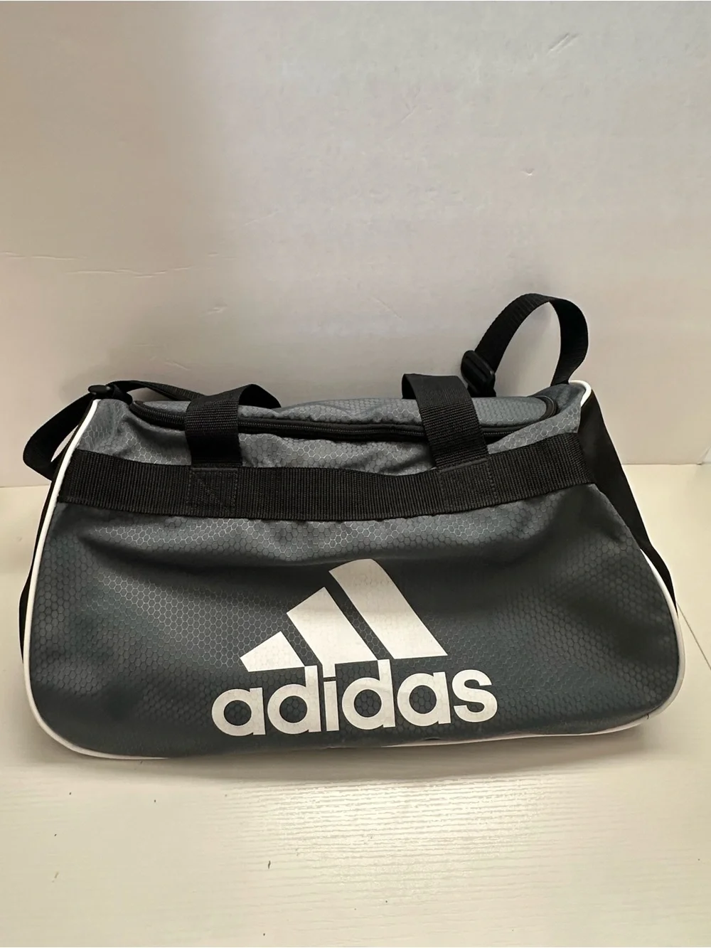 adidas Grey and Black Logo Duffel Bag with White Accents